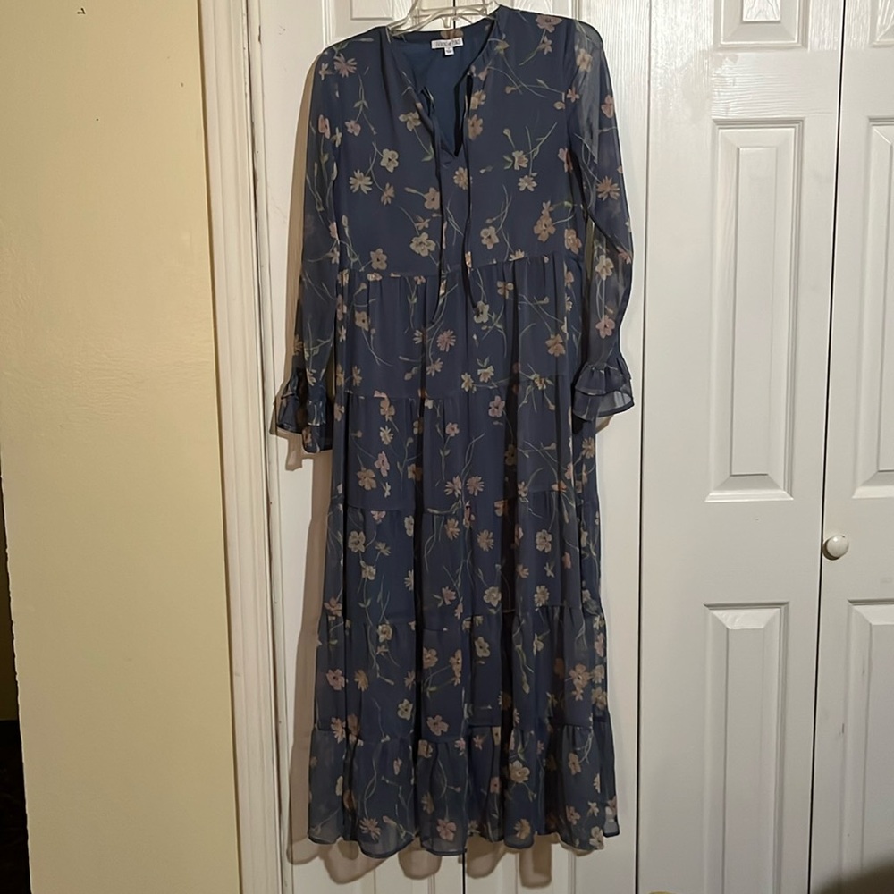 Patrons of Peace blue long sleeve summer dress floral size Small